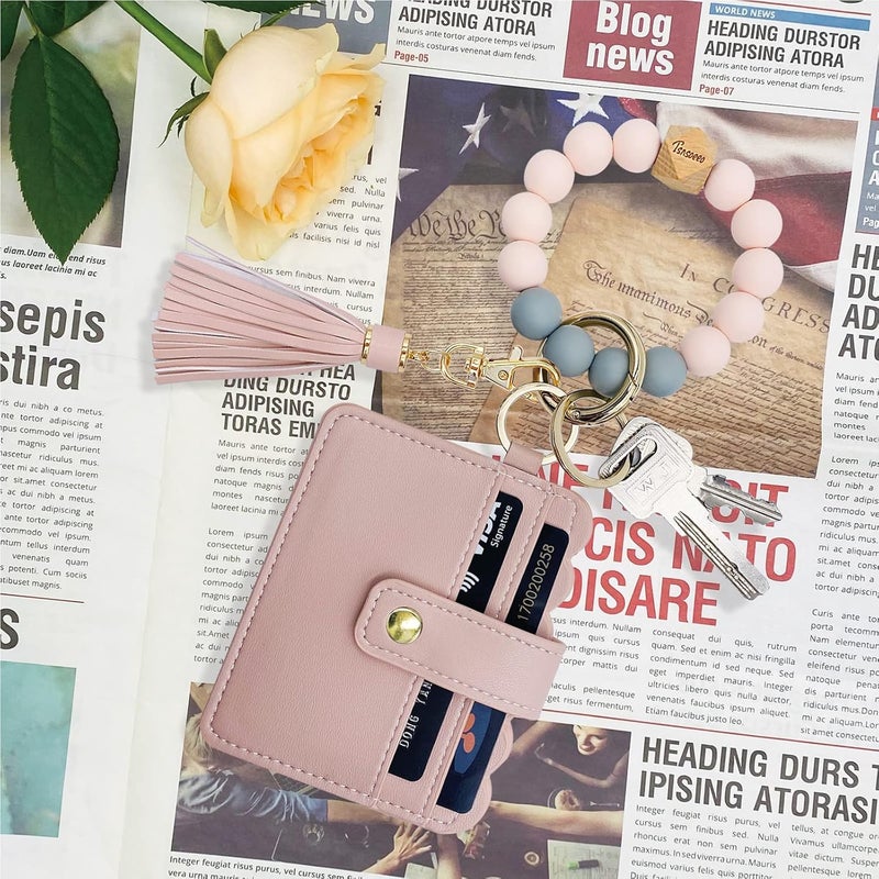 TSNSOEEO Keychain Wallet Wristlet Small Credit Card Holder Bracelet Key Chain Purse Bangle Tassel Beads Key Rings for Women - Image 2